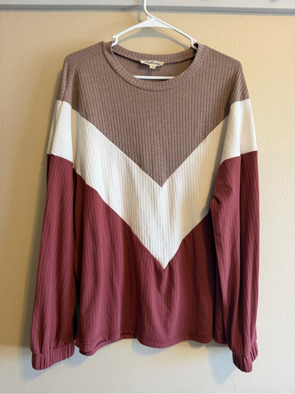 Colorblock Chevron Long Sleeve Sweater - Mauve, White & Dusty Rose